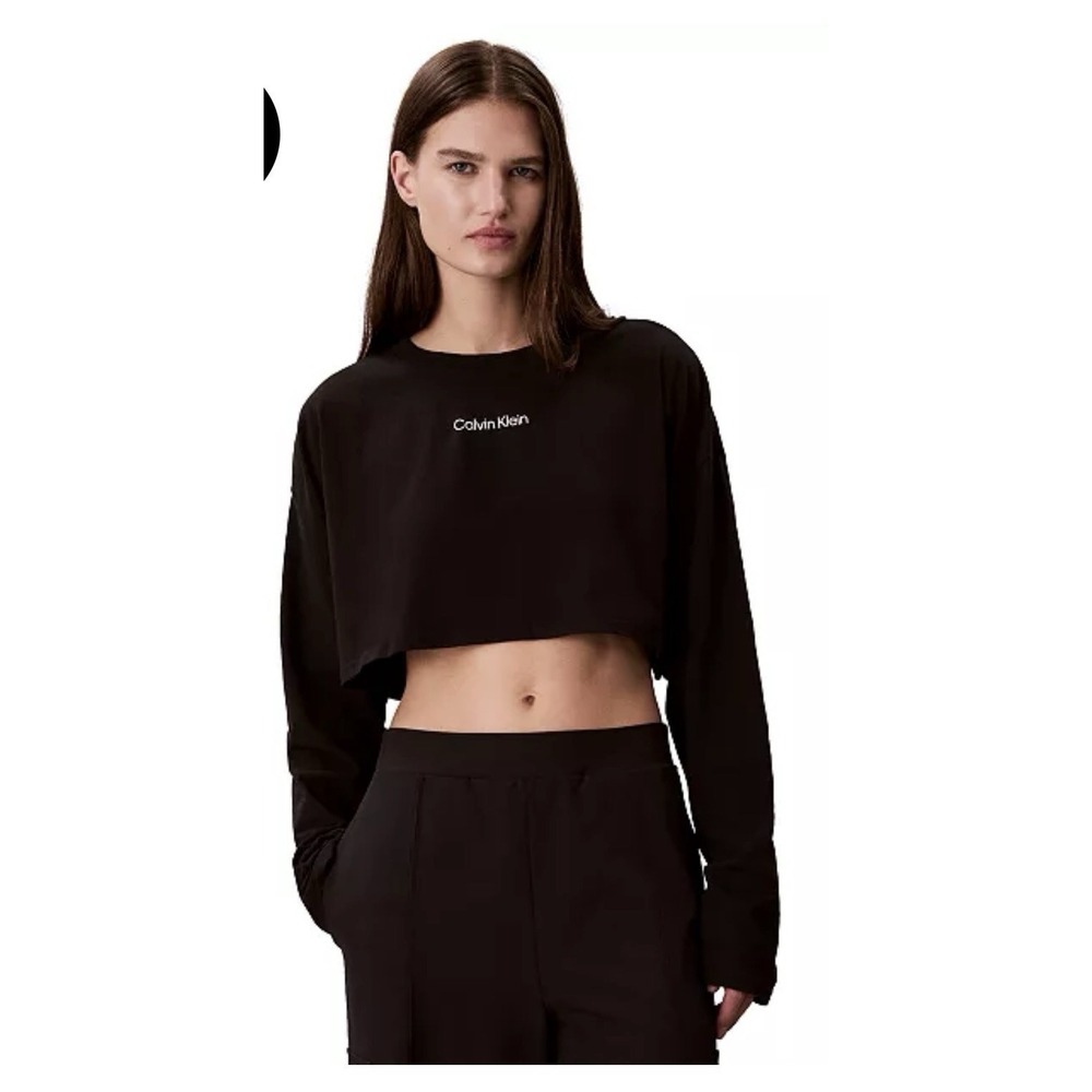 Calvin Klein Performance Crop Top Large Black Long Sleeve Moisture Wicking NWT